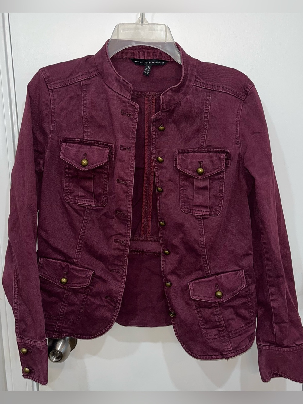 GUC White House Black Market Women's Wine Utility Jacket with Brass Buttons